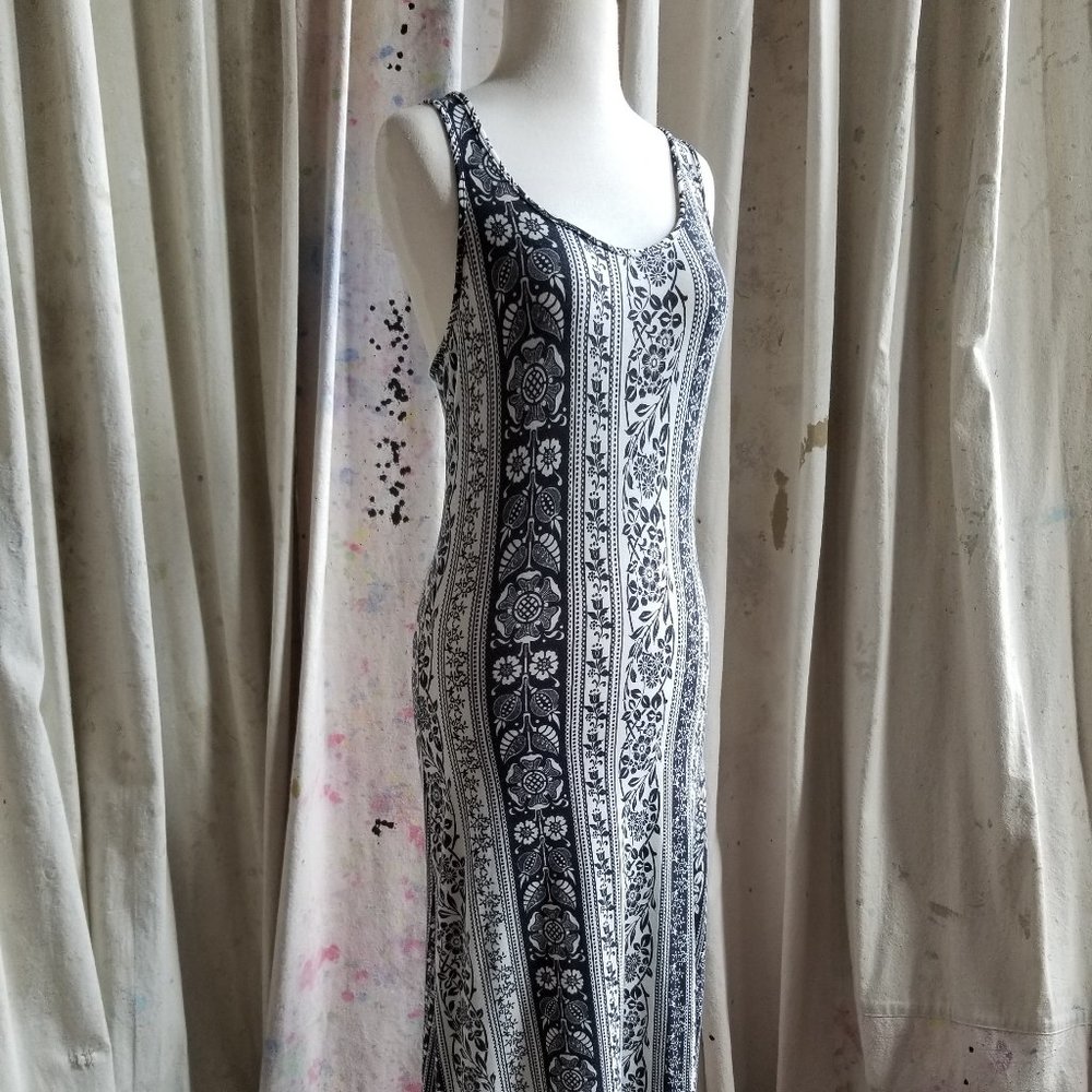 Navy and White Floral Print Maxi Dress